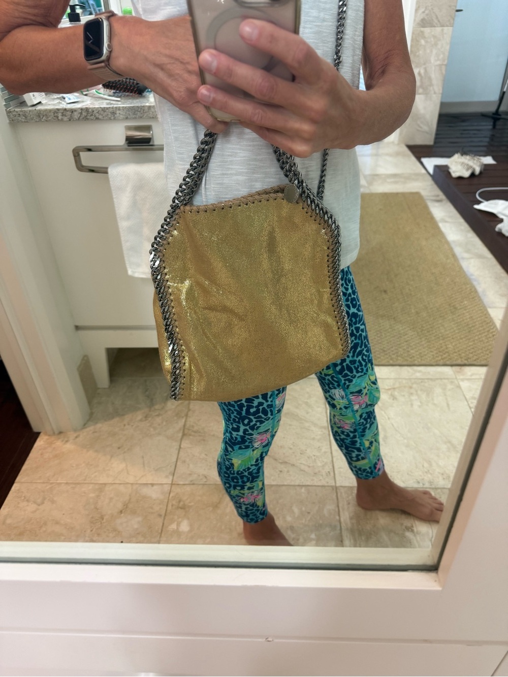 Stella McCartney Mini Metallic Gold Chain-Trim Tote Bag - Picture 7 of 8